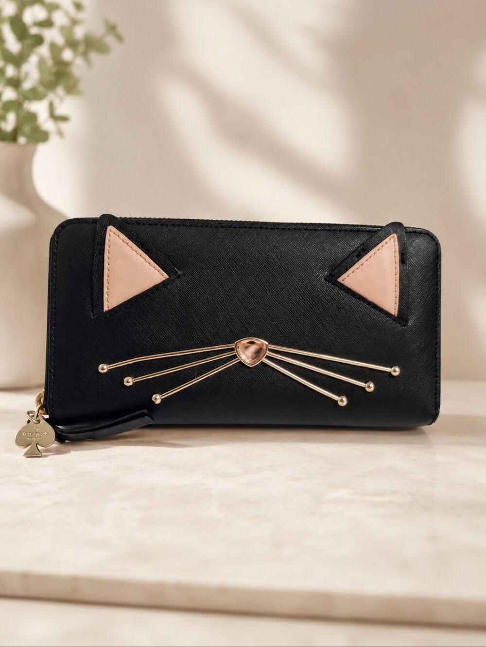 Kate Spade Jazz Things Up Cat Neda Leather Zip Around Wallet Black EUC